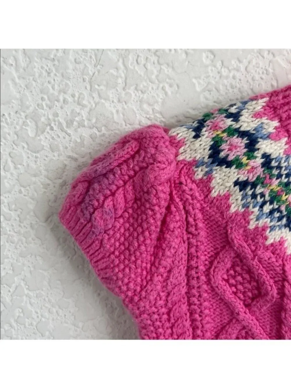 Ralph Lauren Girl's Pink Short Sleeve Sweater Fair Isle Cable Knit Floral